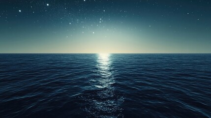 A calm sea at night with a starry sky above. The water is dark blue and the sky is a deep teal.