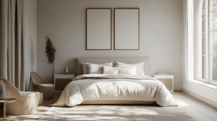 Obraz premium Minimalist Bedroom with White Bed, Two Gold Frames, and Natural Light