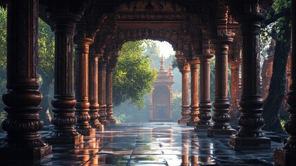 A long, ornate colonnade leads to a small temple nestled within a lush, green garden. The sunlight filters through the leaves, casting dappled shadows on the wet stone floor.