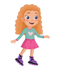 Cartoon girl character with curly hair on roller sksates isolated on white background.