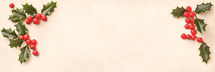 Frame made of winter holly leaves and berries on light background with copy space. Symbol of pagan winter holiday Yule. Merry Christmas and Happy New Year. Backdrop for design banner, card, poster