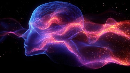 Neon-colored brain silhouette illustrating creativity and thought in a vibrant cosmic backdrop