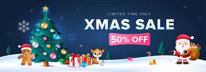 3d Christmas sale banner with glowing Christmas tree, Santa, reindeer, ginger bread and gifts in dark blue background. Vector template for greeting cards, promotional banner.
