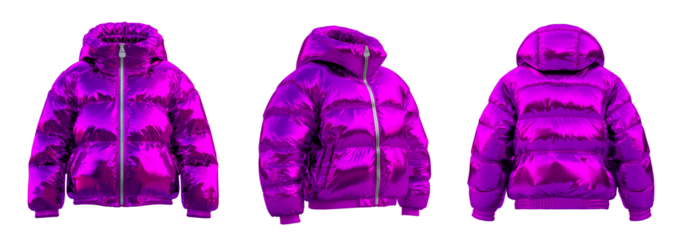 Set of Trendy vibrant lilac, purple, color down puffer silver chrome colored winter down jacket hooded parka jacket, mockup, template, product presentation, on isolated transparent background, png