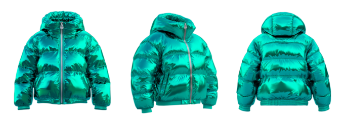 Set of Trendy vibrant turquoise, aqua  color down puffer silver chrome colored winter down jacket hooded parka jacket, mockup, template, product presentation, on isolated transparent background, png