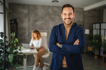 Portrait of adult man businessman stand with arm crossed in the office