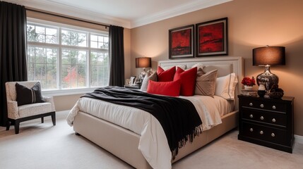 Modern Bedroom Interior with King-Sized Bed, Black Accents, and Red Pillows