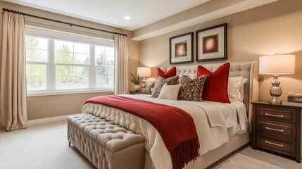 A Modern Bedroom with a King-Sized Bed, Red Blanket, and a Window with a View of Trees