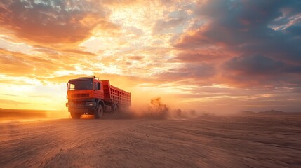 Fototapeta premium Truck Driving at Sunset in Dusty Terrain