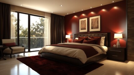 Modern Bedroom Interior with Red Accent Wall and Plush Bed