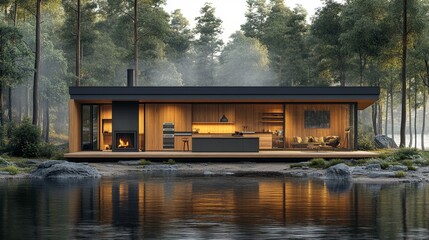 Obraz premium Modern Scandinavian Lakeside Kitchen Interior. Generative AI