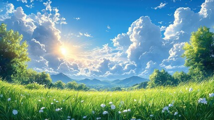 Fototapeta premium Vast Green Grass Meadow Under a Bright Blue Sky with Sparse Clouds
