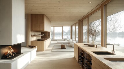 Fototapeta premium Scandinavian-Style Wooden Kitchen with Lake View. Generative AI