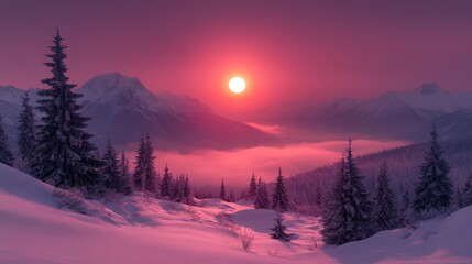 Sunset over Snowy Mountain Landscape. Generative AI