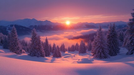 A vibrant sunset over snow-covered mountains with fog blanketing the valleys. The trees are bathed in warm purple and orange light, creating a serene winter wonderland scene.