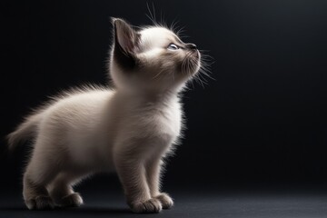 Obraz premium the beside view baby Birman cat standing, left side view, low angle, white copy space on right, Isolated on black Background