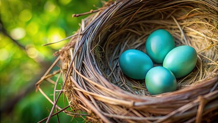 Obraz premium Close-up of a nest with delicate robin's eggs , nature, wildlife, bird, spring, delicate, fragile, blue, speckled, small, nest