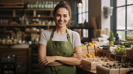 Fototapeta premium Smiling Woman in Green Apron at Her Organic Grocery Store 