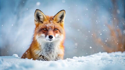 Fototapeta premium Cute fox covered in snow , winter, animal, wildlife, fluffy, white, cold, nature, snowfall, adorable, furry, wild