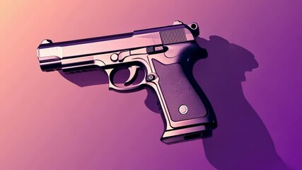 A silver handgun lays on a purple surface, casting a long shadow