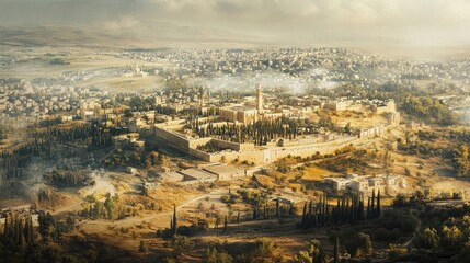 Fototapeta premium Aerial view of a historical city with ancient walls and buildings surrounded by green trees.