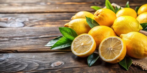 Close-up of fresh lemons on a rustic wooden table, yellow, citrus, fruit, sour, vibrant, healthy, organic, summer