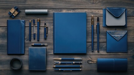 A flat lay of a navy blue leather journal, notebook, and pens on a wooden table.