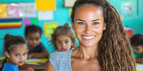 Obraz premium A smiling woman with curly hair in a colorful classroom setting, surrounded by young children engaged in activities.