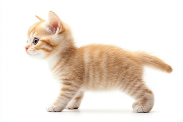 Obraz premium the beside view baby British Shorthair cat standing, left side view, low angle, white copy space on right, Isolated on White Background