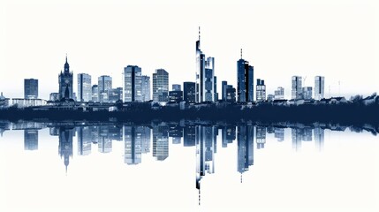 Fototapeta premium Silhouette of Frankfurt skyline with reflection in water, modern cityscape, high-rise buildings, German architecture