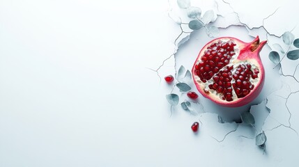 Pomegranate branches and fruits on a white background with copy space