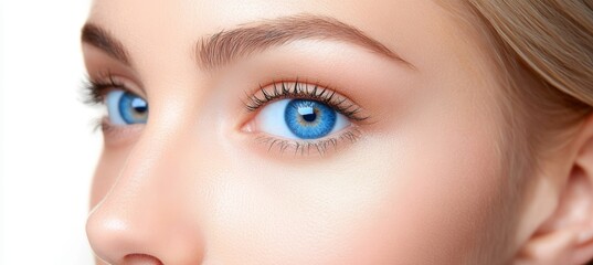 Obraz premium Close-up of a Woman with Vibrant Blue Eyes, Showcasing Healthy Skin and Natural Beauty.