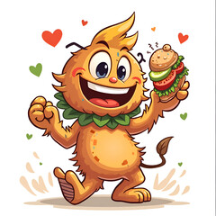 Fototapeta premium Happiness is a delicious burger in the paws of a joyful creature , digital illustration of character design concept.