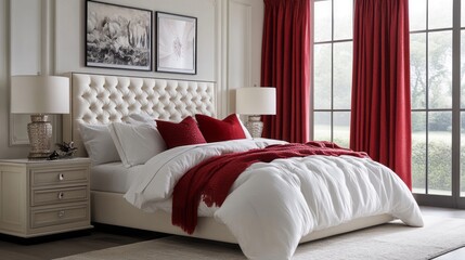 Fototapeta premium A Luxurious Bedroom with White Bedding and Red Accents