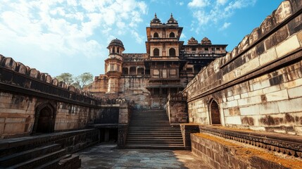 Obraz premium A stone staircase leads up to an ancient Indian palace, the intricate carvings and weathered stone tell tales of history.