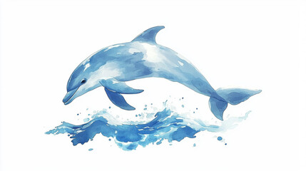 Obraz premium A dolphin gracefully leaps above the waves, showcasing its sleek body against a backdrop of blue water and splashes.