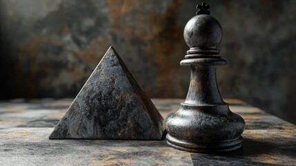 Dark Metal Pyramid and Pawn Chess Piece. Generative AI