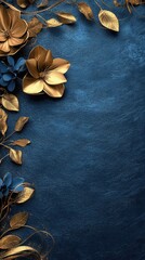 Gold and Blue Floral Border on Textured Background	