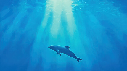 Fototapeta premium A serene underwater scene featuring a dolphin swimming gracefully beneath sunlit waves.