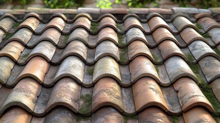 Close-up of an old, weathered terracotta roof with moss.