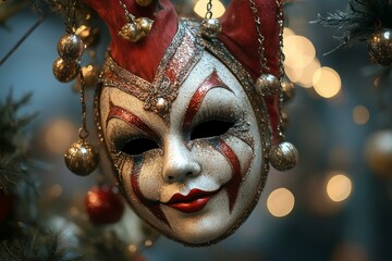 Naklejka premium Venetian carnival mask with festive decorations, close-up shot for vibrant celebration and cultural themes