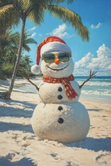 A sandy snowman sporting sunglasses and a Santa hat, enjoying a sunny Christmas on a tropical beach.