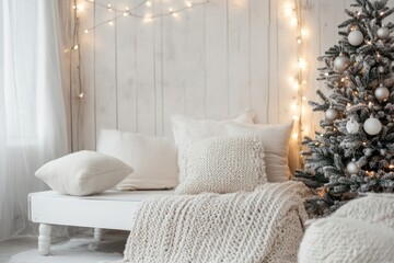 A Scandinavian-inspired Christmas interior with white decor, capturing minimalist holiday style.