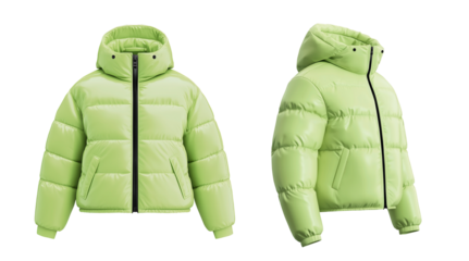 Set of Trendy pastel soft light lemon green colored down puffer colorful winter down jacket hooded parka jacket, mockup, template, product presentation, on isolated transparent background, png