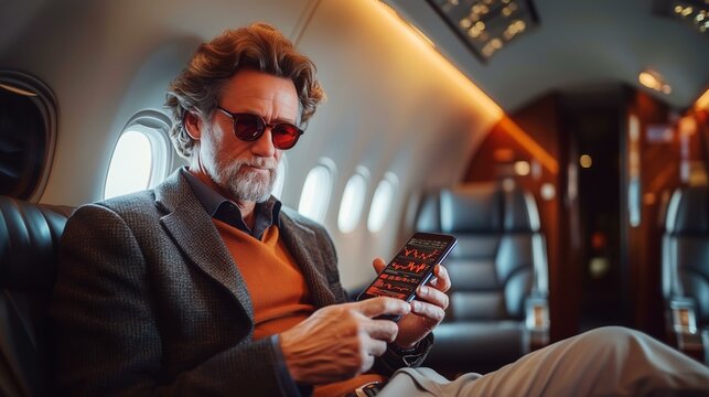 Senior businessman analyzing stock market trends on smartphone in private jet cabin - Powered by Adobe