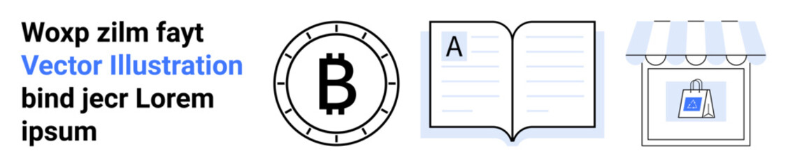 Bitcoin symbol, open book with text A, and store with shopping bag icon. Ideal themes cryptocurrency, education, e-commerce, retail, finance, technology, online shopping. Landing page