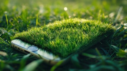 Fototapeta premium A smartphone covered in grass resting on a lush green lawn