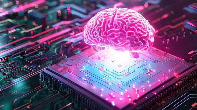 A computer chip with a brain on top of it. The brain is glowing purple and red. Concept of technology and the human brain working together