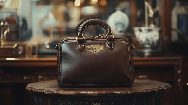 Handcrafted luxury handbag in deep brown leather, classic hardware, showroom lighting
