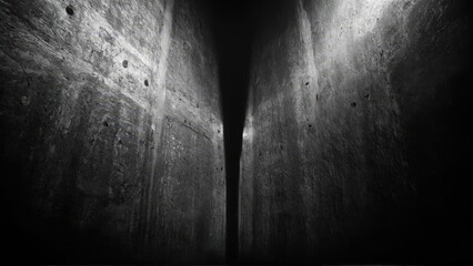 Generative AI, Dark, dramatic black-and-white architectural photograph of towering concrete walls with minimal light and sharp geometric contrasts